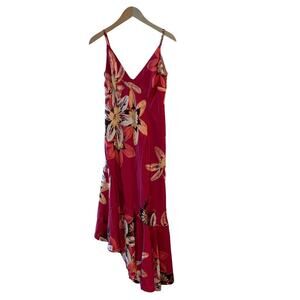 PatBO Tropical Floral Satin Pink Dress Asymmetric